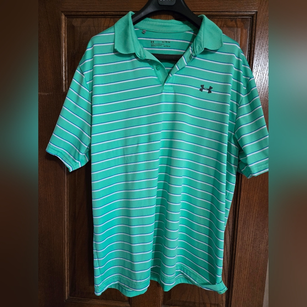Under Armour Men's Green Striped Heat Gear Polo Shirt Size XL